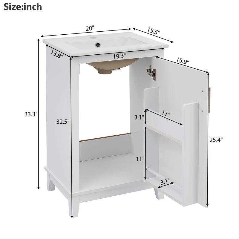 20" Modern Small Bathroom Vanity Cabinet With Ceramic Basin - 20"*15.5"*33.3", Ample Storage, 1 Soft-Close Door