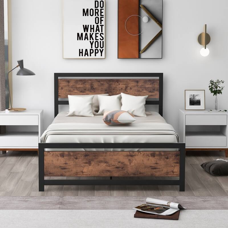 Metal and Wood Bed Frame Platform Bed
