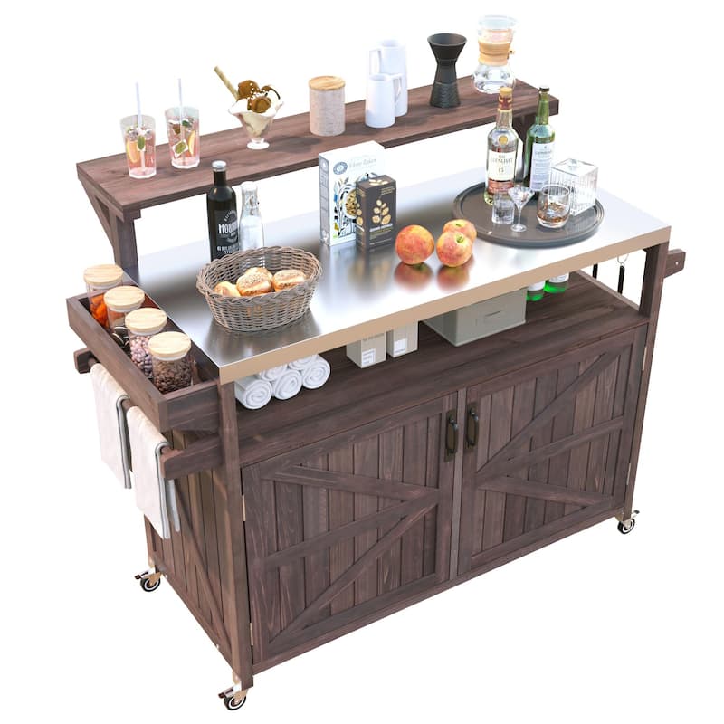 53.3" Outdoor Kitchen Island with Stainless Steel Top, Raised Shelf Solid Wood Storage Cabinet Outdoor Rolling Grill Cart