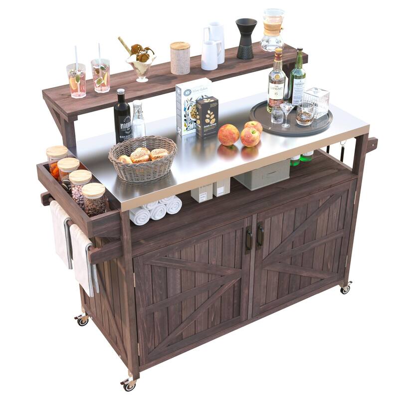 Anmytek Outdoor Kitchen Island Farmhouse BBQ Grill Station Stainless Steel Top Patio Prep Cart with Storage