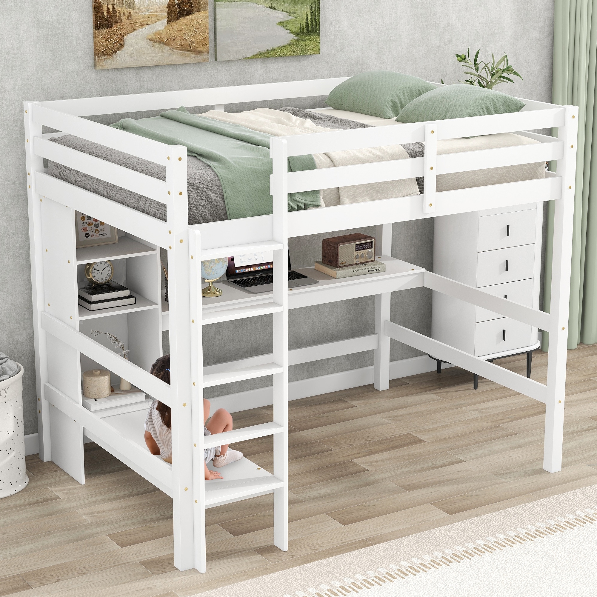 Full Size Wood Loft Bed with Multifunction Shelves and Under bed