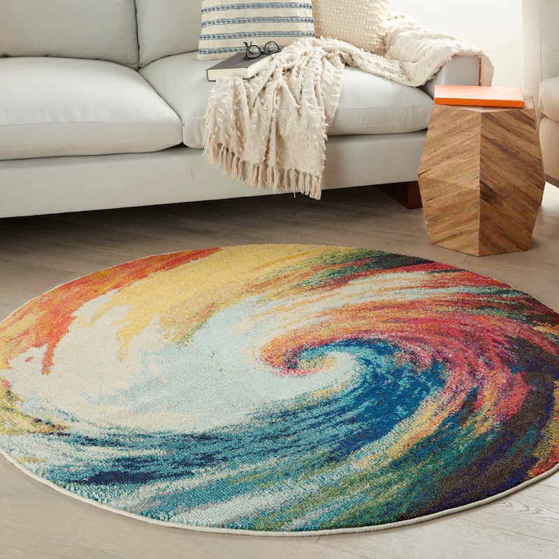 Nourison Celestial Abstract Modern Multicolored Colorful Wave Area Rug - 5'3" Round - Blue/Multi - Round