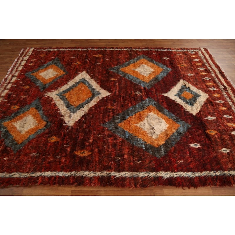 Hand Knotted Oriental 100% Wool Carpet Modern Tribal Red Moroccan Area Rug - 8' 9'' X 6' 4''