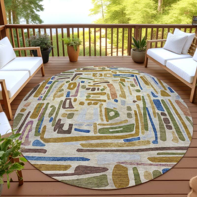 Machine Washable Indoor/ Outdoor Global Geo Chantille Rug - Beige - 8' x 8'