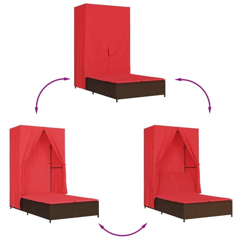 vidaXL Double Sun Lounger with Roof and Curtains Poly Rattan Brown/Gray/Black - 40.9" x 77.6" x 76"