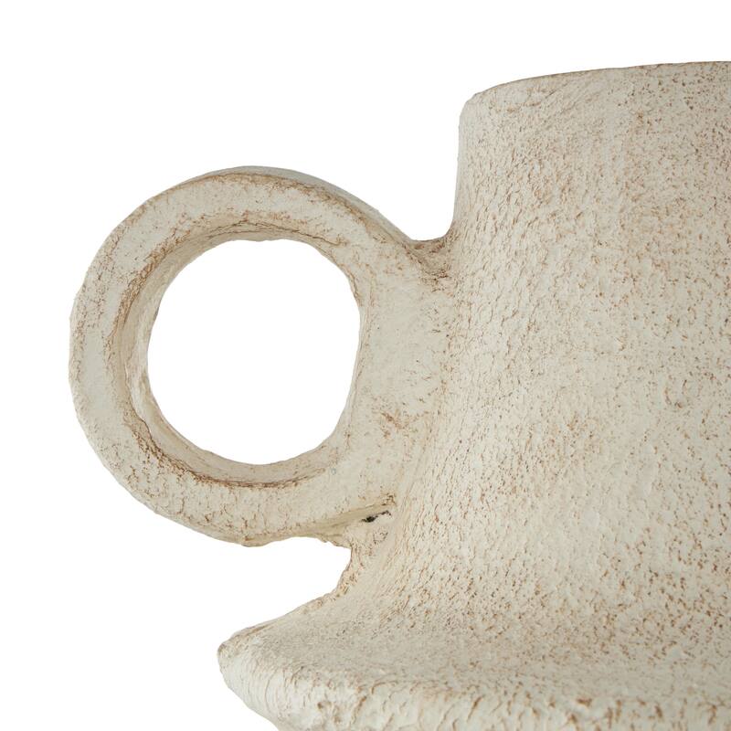 Cream Paper Mache Fluted Decorative Vase with Brown Distressed Texturing and Ring Handle