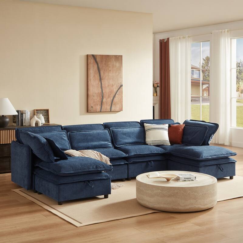 Modern Large U-Shaped Modular Sofa with Movable Storage Ottoman,. Upholstered Deep Seat Sofa with Double-Layer Cushion