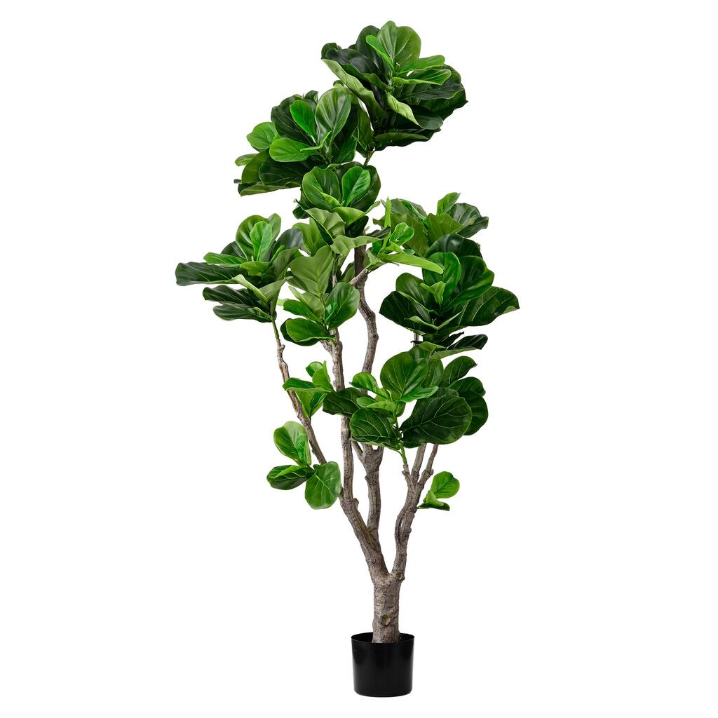 Artificial Fiddle Leaf Fig Tree - 2 Variants (4ft/5.75ft), Faux Green Plant in Black Plastic Pot, Indoor Low-Maintenance Decor