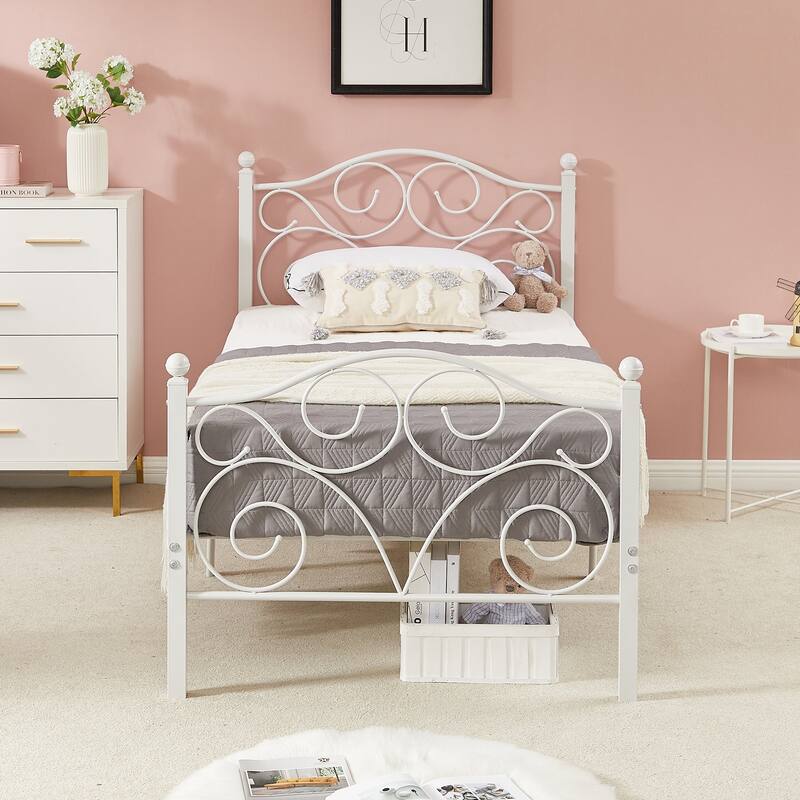 VECELO Metal Platform Bed Frame with Scroll Headboard, Twin/Full/Queen Size Beds