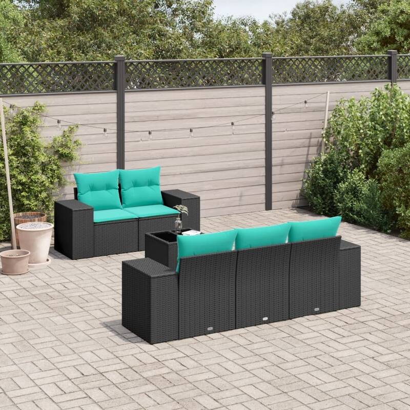 vidaXL 6 Piece Patio Sofa Set with Cushions Black Poly Rattan - 21.7 x 24.4 x 27.2