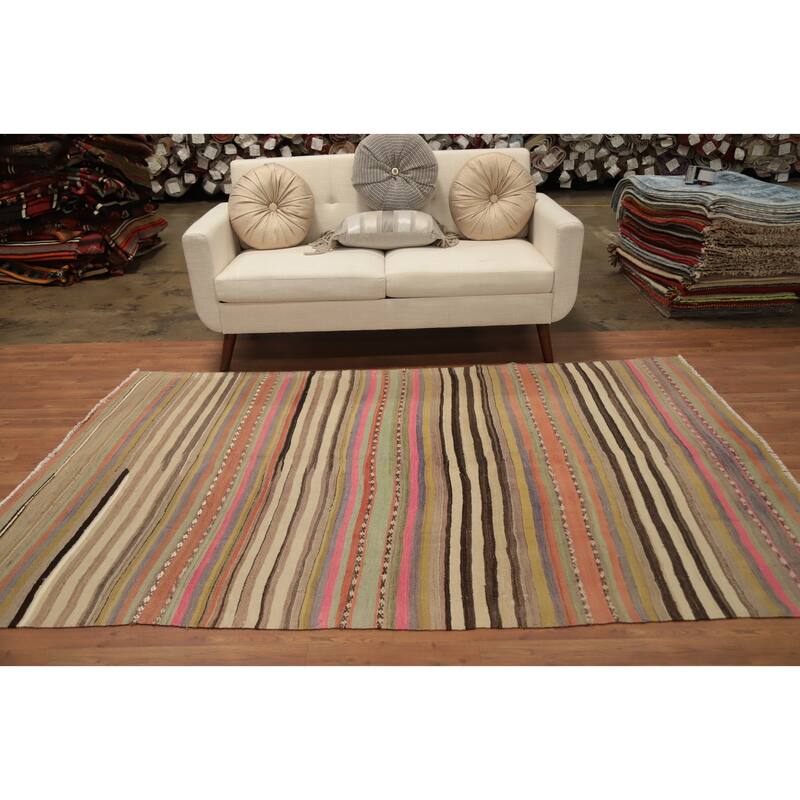 Hand Woven Oriental 100% Wool Carpet Southwestern Tribal Multi-Colored Kilim Area Rug - 8' 2'' X 5' 5''