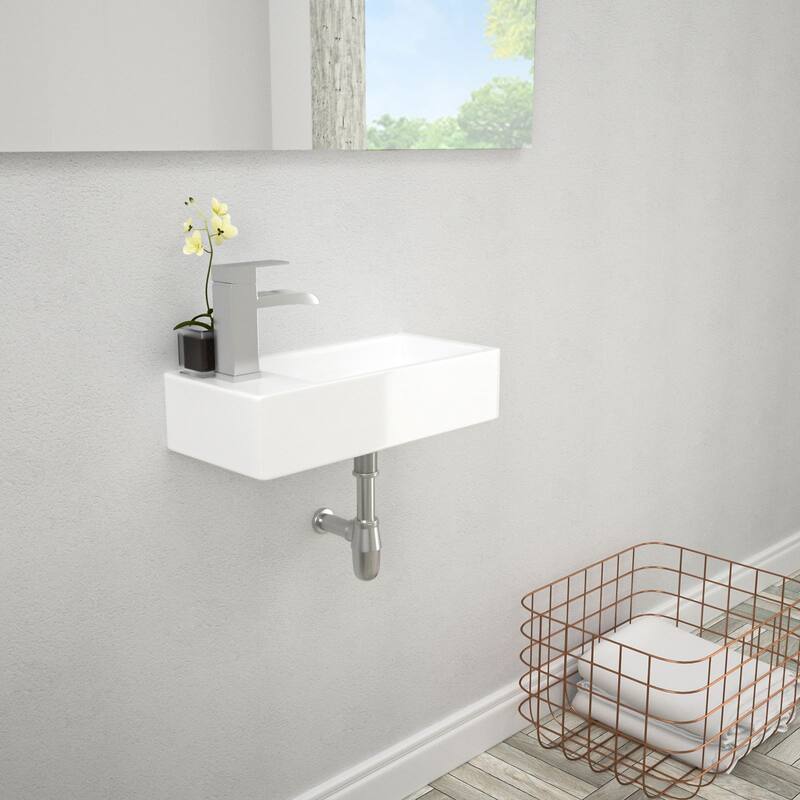 Lordear 14.5 inch White Rectangular Ceramic Wall Hung Sink with Side Faucet Mount