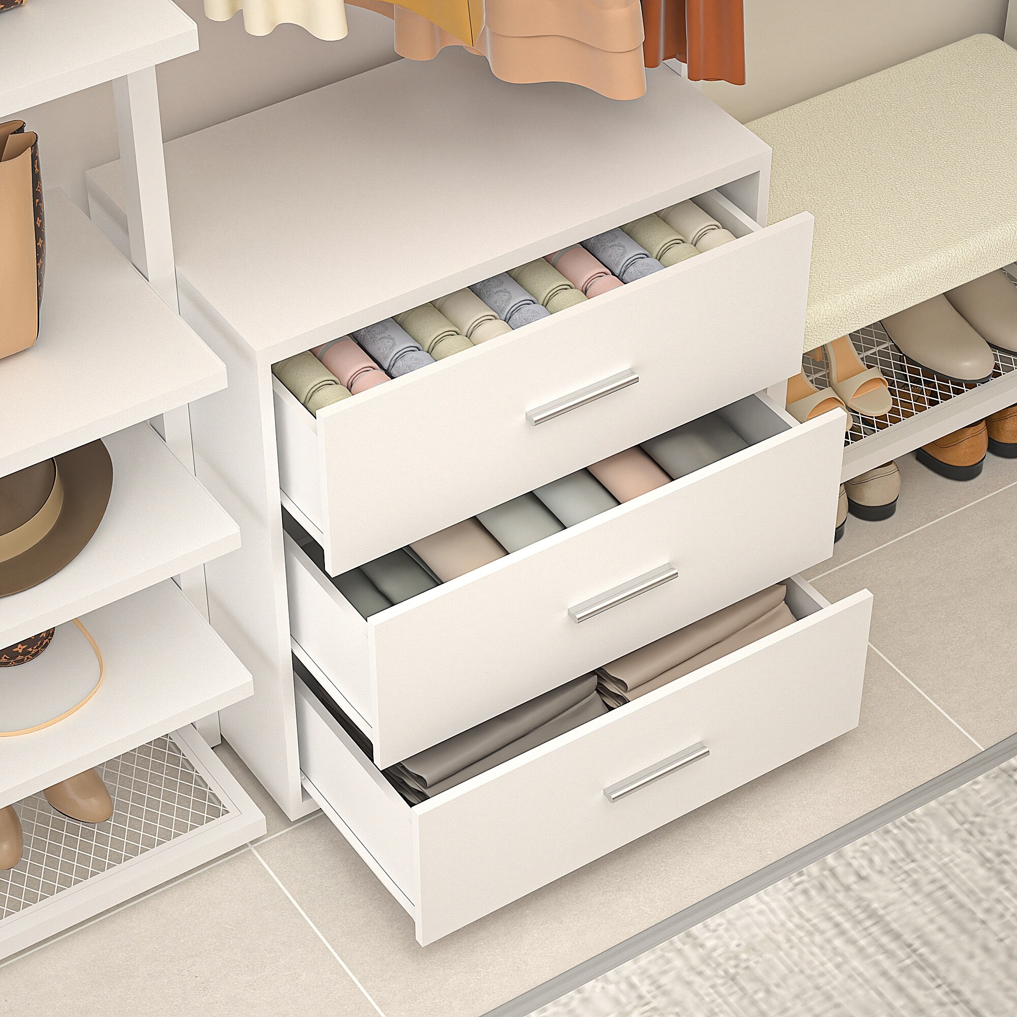 衣服棚 96'' Closet System with 6 Closet Drawers, Sturdy Closet Organizer