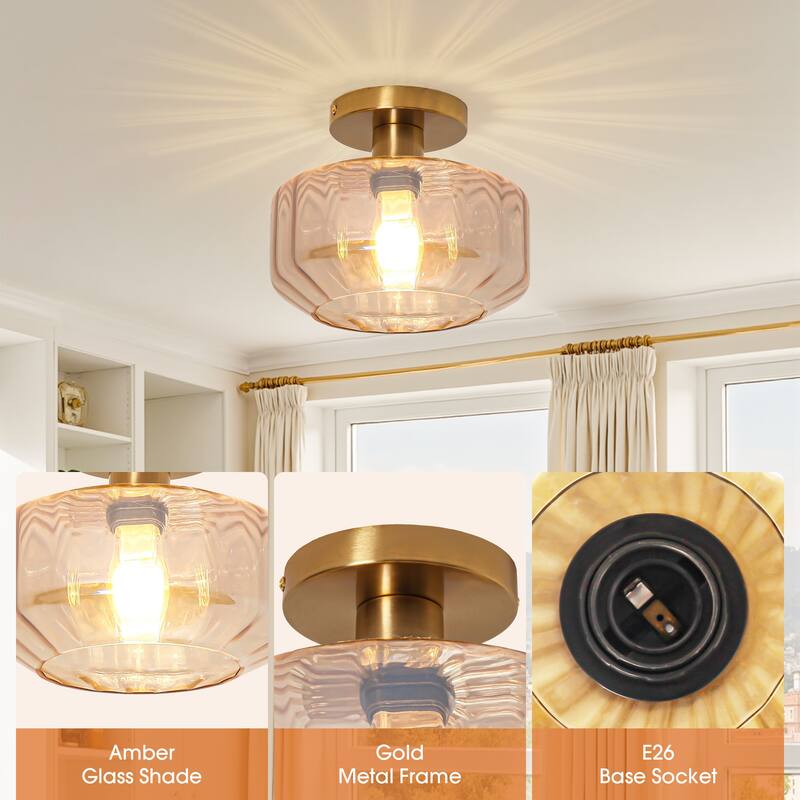 Vintage Amber Glass Semi Flush Mount Ceiling Light - D 8.7" x H 7"