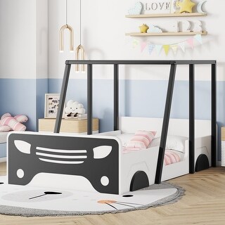 Twin Pine Wood Car-Shaped Bed Floor Bed Frame w/Roof Wheels,Door,Black