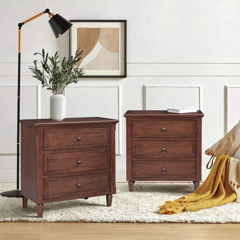 Elegant 3-Drawer Nightstand (Set of 2) Storage Cabinet Crafted from Solid Wood for Bedroom Organization - Brown