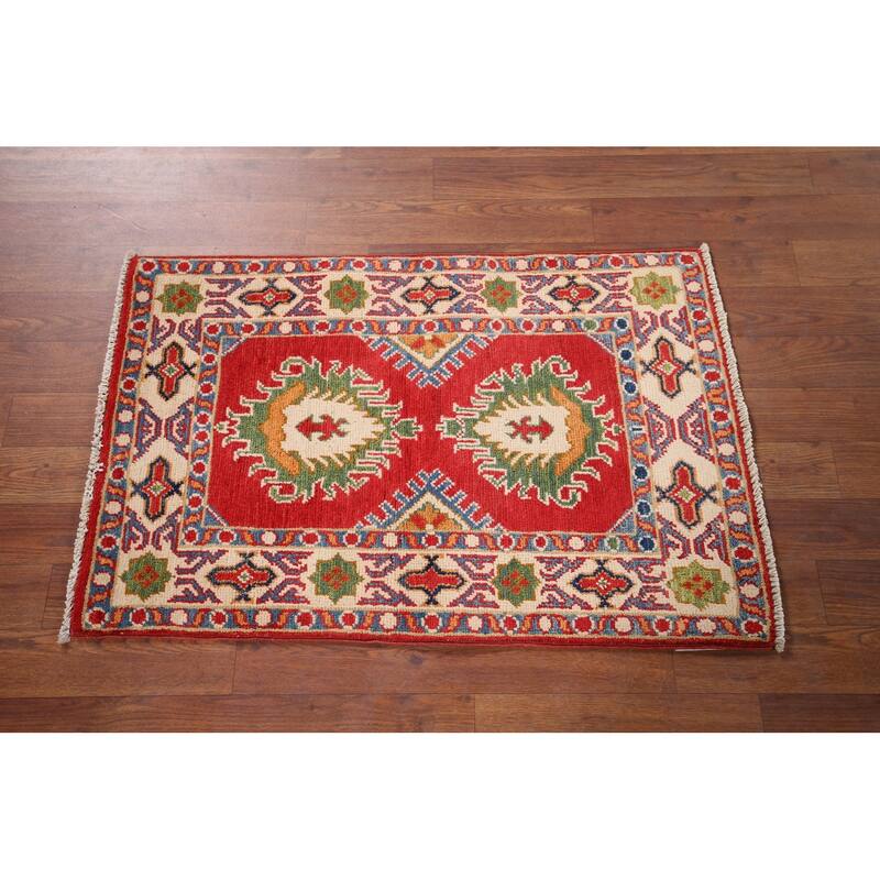 Hand Knotted Oriental 100% Wool Carpet Traditional Geometric Red Kazak Area Rug - 2' 11'' X 1' 11''
