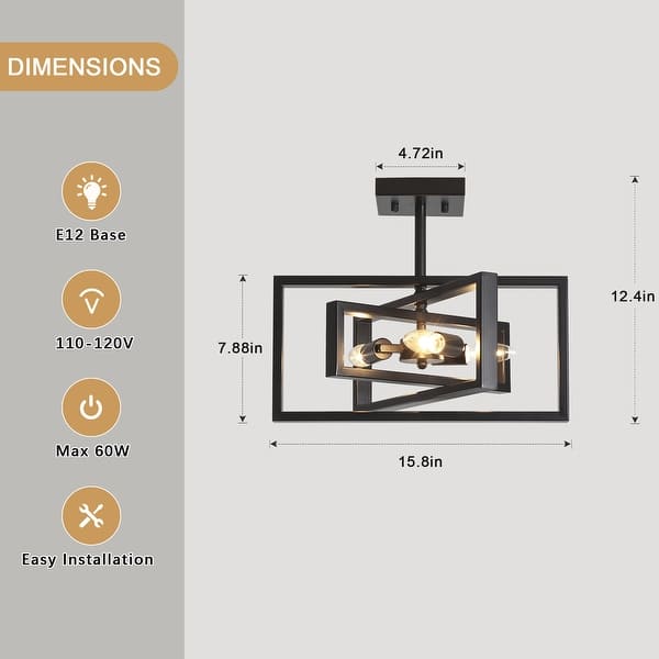 dimension image slide 1 of 6, Zjvaive 3-Light Rectangular Semi Flush Mount Ceiling Light Farmhouse Metal Cage Light Fixture