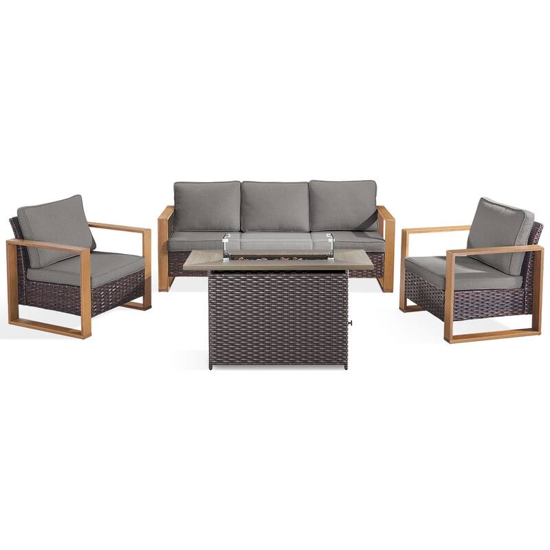 Meyreso Wicker Patio Conversation Set with Fire Pit Table & Olefin Cushions