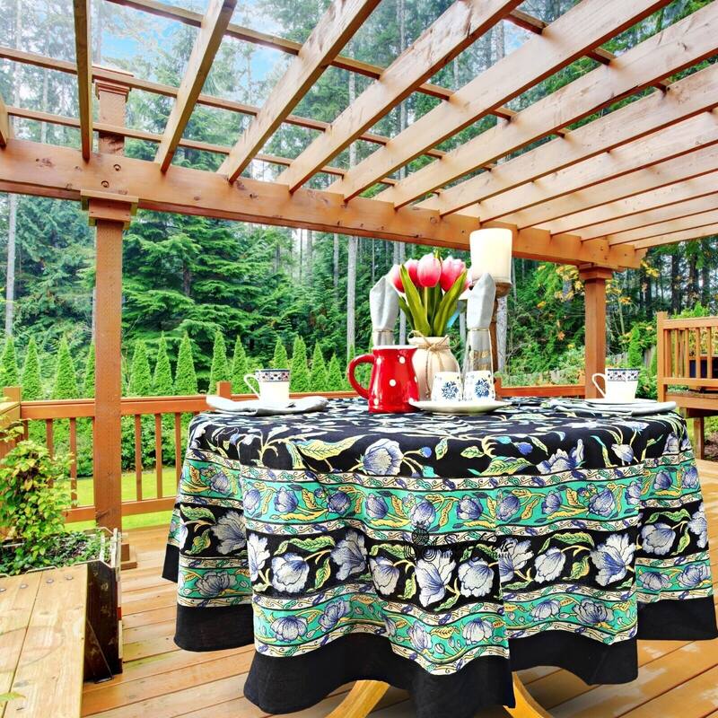 Cotton Sweet French Country Floral Tablecloth Round, Runner - 72-inch Round - Black Blue