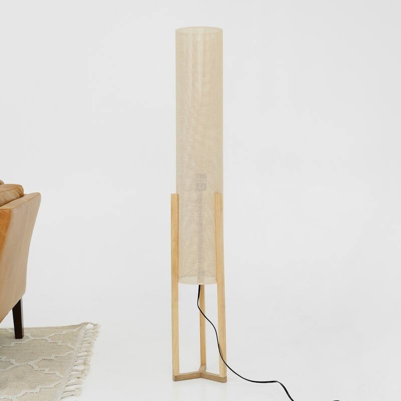 Kelly Modern Natural Wood Floor Lamp with Faux Linen Shade