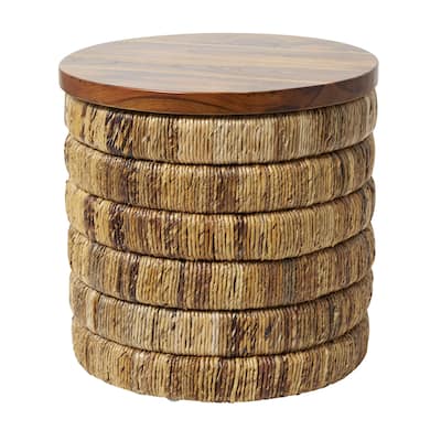 Seagrass Handmade Linear Wrapped Side End Accent or Coffee Table with Teak Wood Top - Brown - Roche River Décor