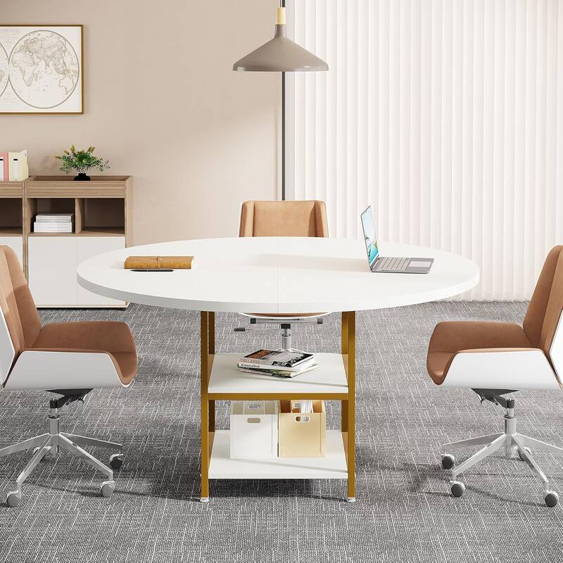 47-Inch Round Wood Conference Table with Storage Shelf Office Training Desk for Conference/Seminar Room