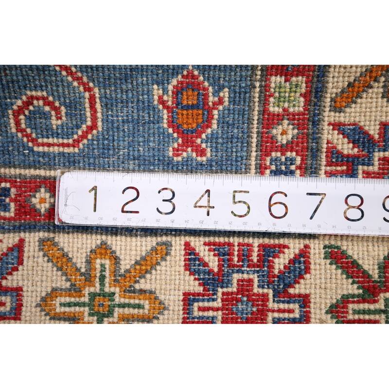 Light Blue Geometric Kazak Accent Rug Hand-Knotted Foyer Wool Carpet - 3'4" x 4'11"