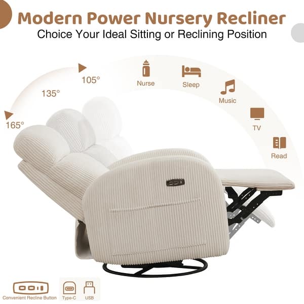 dimension image slide 5 of 12, Power Swivel Rocker Glider Nursery Recliner with USB Port