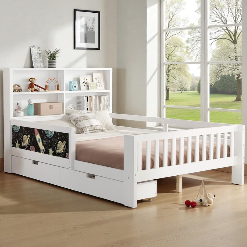 Twin/Full Solid Wood Platform Bed with Chalkboard Headboard, Storage Drawers and Shelves, Space-Saving Kids Bed - White - Full