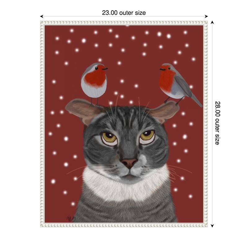 Grey Cat and Robins by Fab Funky (23 x 28 in.), Framed Canvas Wall Art Print - Sylvie Beaded White