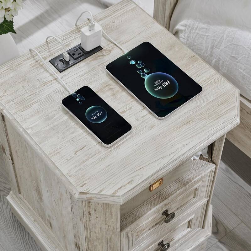 Farmhouse Nightstand Set of 2 with Charging Station, Bedside Table