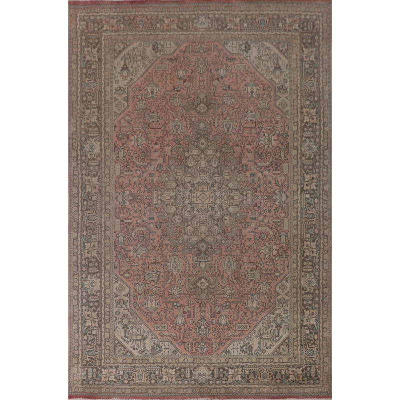 Geometric Pink Tabriz Persian Vintage Rug Hand-Knotted Wool Carpet - 7'11" x 11'2"