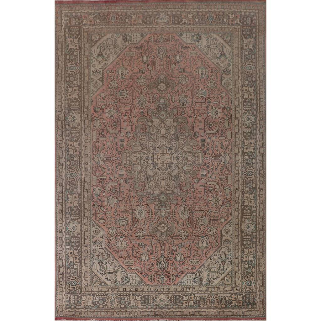 Geometric Pink Tabriz Persian Vintage Rug Hand-Knotted Wool Carpet - 7'11" x 11'2"