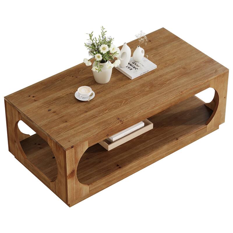 Rectangular Solid Wood Coffee Table with Storage for Living Room