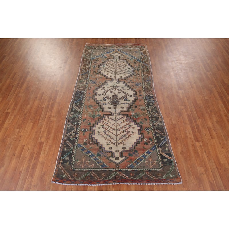 Geometric Orange Bakhtiari Persian Vintage Rug Hand-Knotted Wool Carpet - 4'9" x 9'10"