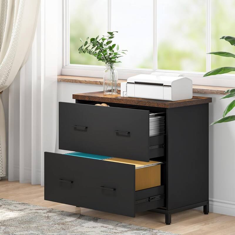 2-Drawer Lateral File Cabinet, Rustic Wood Filing Cabinet, A4/Letter Size, Printer Stand with Storage & Heavy-Duty Steel Frame