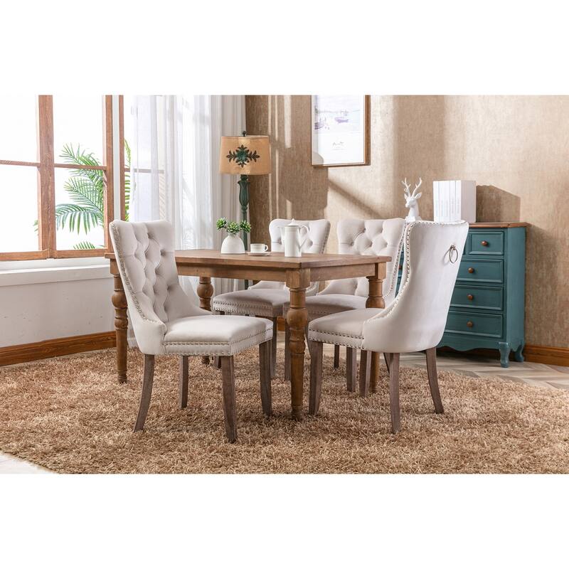Velvet Dining Chairs Set of 2, Tufted Upholstered Side Chair, Dining Room Chair with Back Ring Pull Trim & Solid Wood Legs