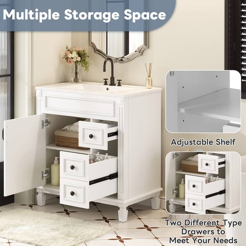 30" Bathroom Vanity with Ceramic Sink Combo, Modern Small Bathroom Storage Cabinet with Drawers & Adjustable Shelf