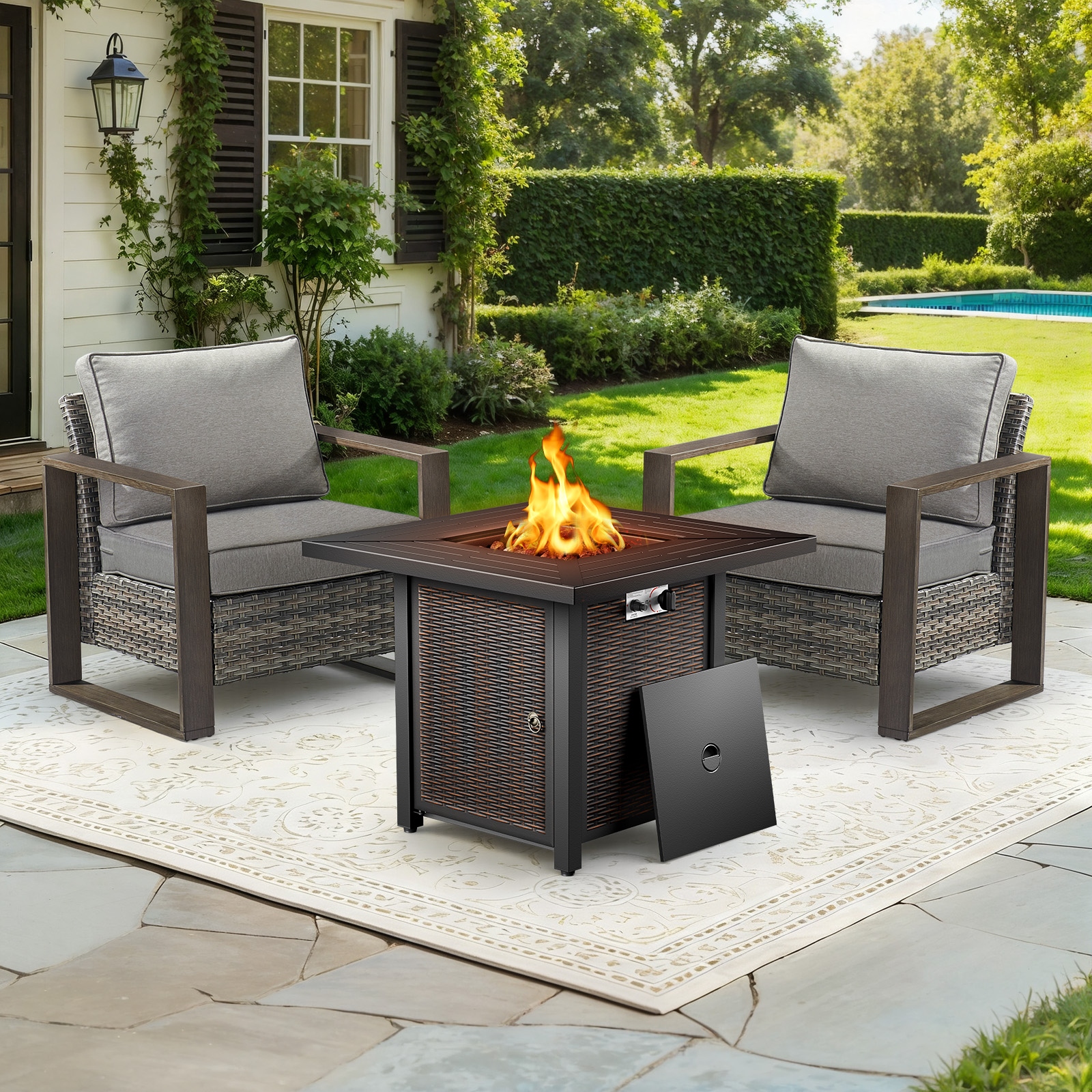 Meyreso 3-Piece Wicker Patio Conversation Set with Metal Fire Pit & Plush 4.5" Olefin Cushions