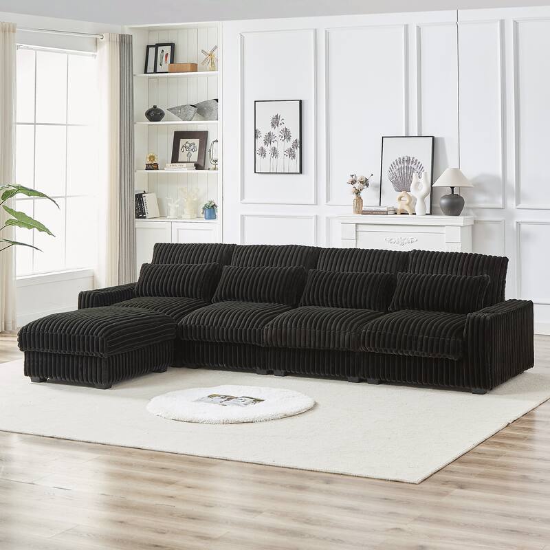 L-Shaped Modular Sectional Sofa with Ottoman, Oversized Corduroy Upholstered Sofa, 4-Seater Sofa with Cup Holders & Charge Port