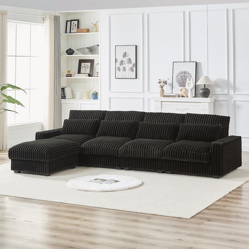 Super Large 126-Inch Corduroy L-Shaped Sofa with Cup Holders, USB Port, Movable Footrest, and 8 Cushions.