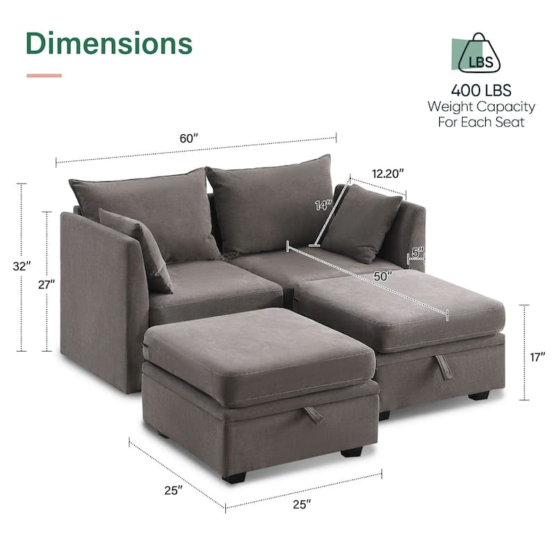 Modern Double Seating Sectional Sofa With Ottoman and Storage Space