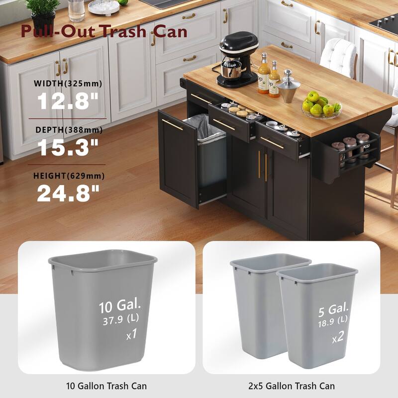 59" Rolling Kitchen Island on Wheels with Trash Can Storage Cabinet, Island Table for Kitchen with Power Outlet, Storage Rack