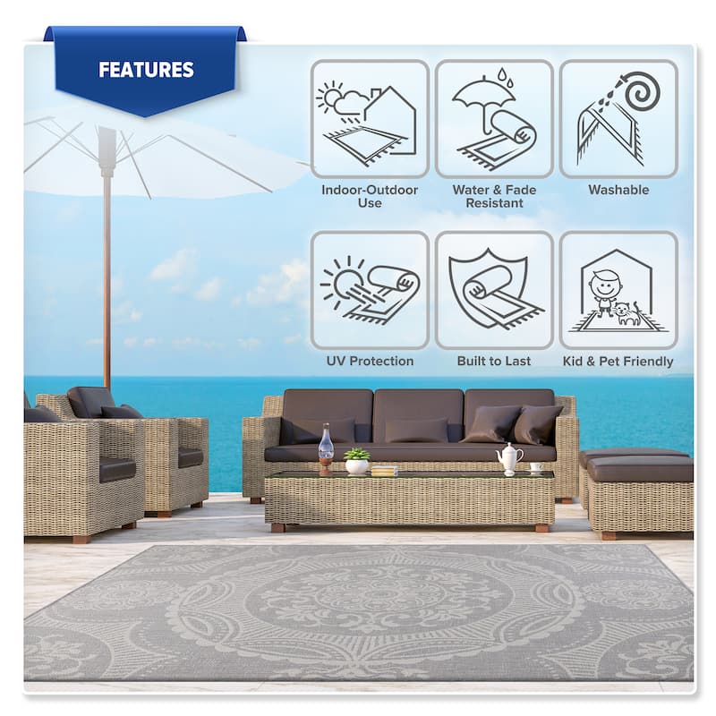 Beverly Rug Grey Medallion Indoor Outdoor Rug, Outside Carpet for Patio, Deck, Porch