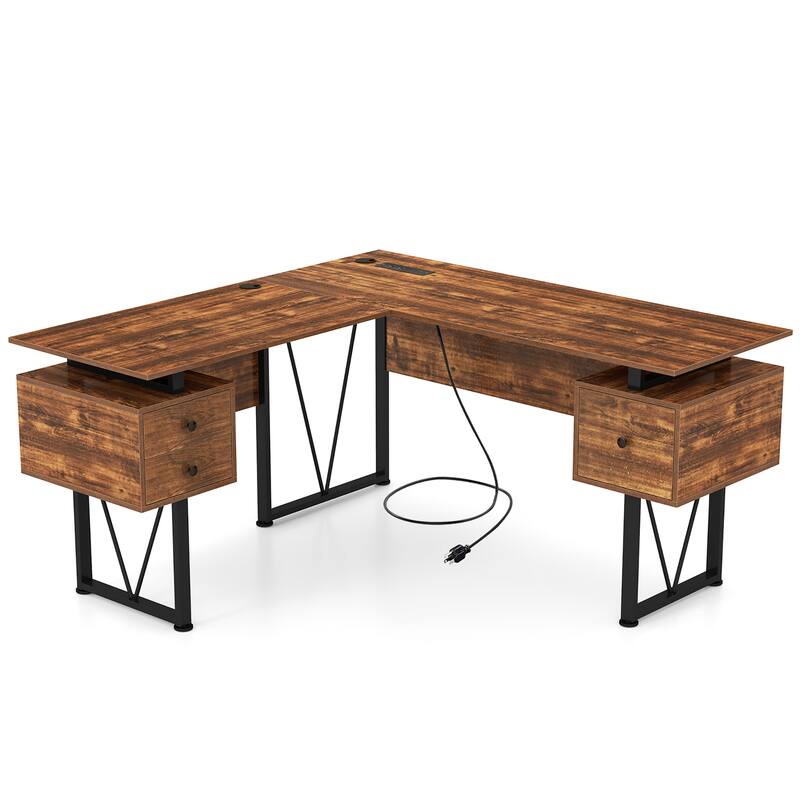 Gymax 59'' L-shaped Computer Desk w/ Charging Station Corner Desk