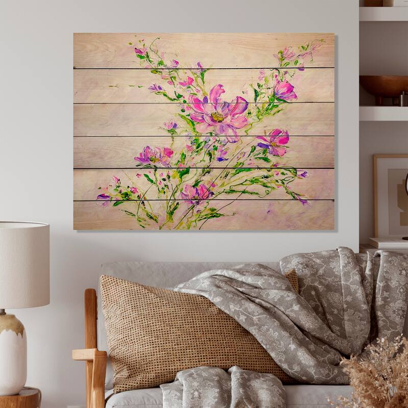 Designart 'Summer Natural Foliage Pink Bouquet II' Traditional Wood Wall Art - Natural Pine Wood - 36 In. wide X 24 In. high