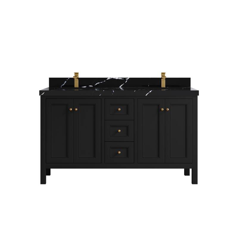 Willow Collections 60 in. W x 22 in. D Nashville Double Bowl Sink Bathroom Vanity with Countertop - 2"Calacatta Black - Black