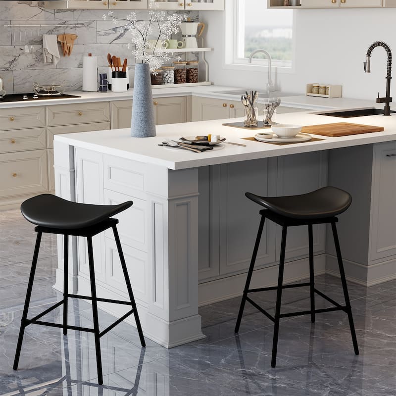 Backless Swivel Bar Stools with Saddle Faux Leather Seat 28 Inch Metal Frame Counter Height Chairs - 17" x 18" x 28" (L x W x H)