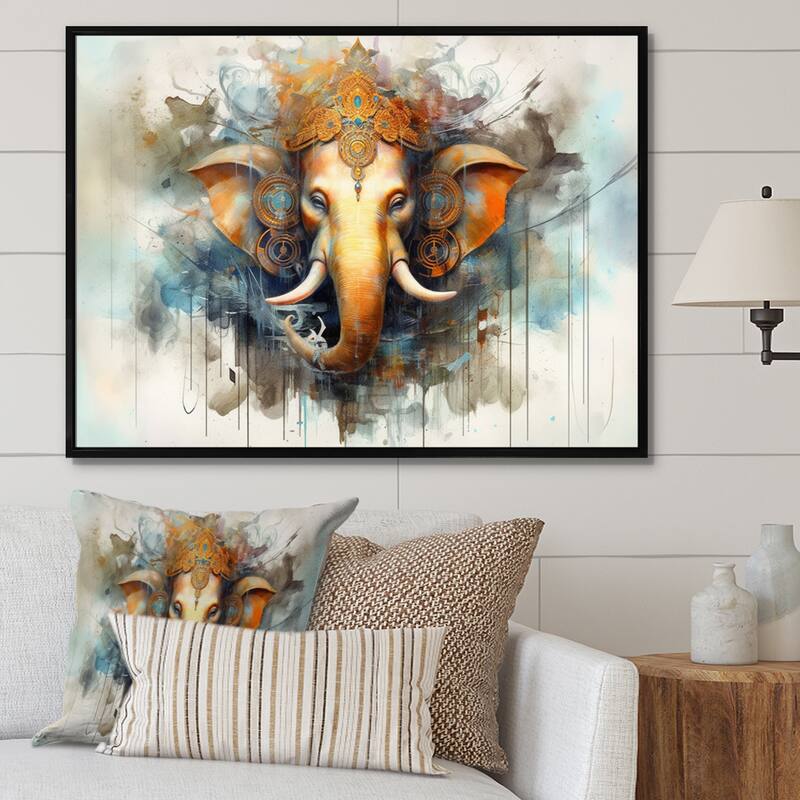 Designart "Vibrant Hinduisim Elephant I" Hinduisim Framed Canvas Print - Black - 20 in. wide x 12 in. high